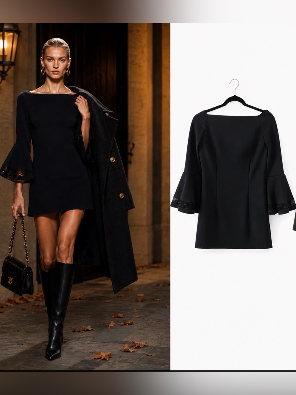 Chiara Boni Natty Bell Sleeve Top Black IT 42 US 6 Boat Neck Italy new!